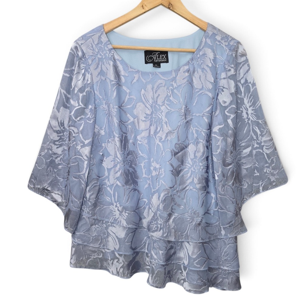Alex Evenings Blouse Womens XL Periwinkle Floral Tiered Capelet Evening Top Blue